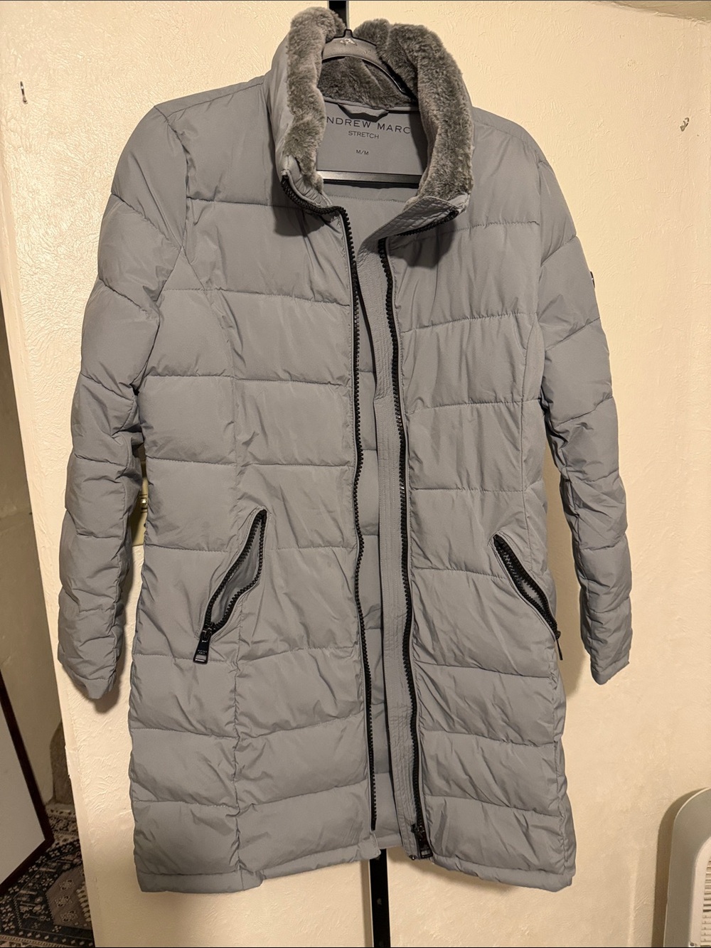 Andrew Marc Light Gray Quilted Long Puffer Coat with Faux Fur Collar